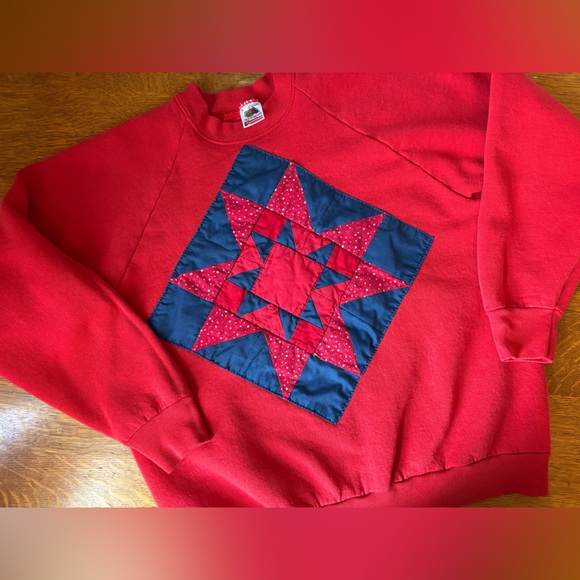 Vintage Fruit of the Loom Crewneck Raglan Cotton-Blend Applique Americana Quilt - Picture 3 of 12